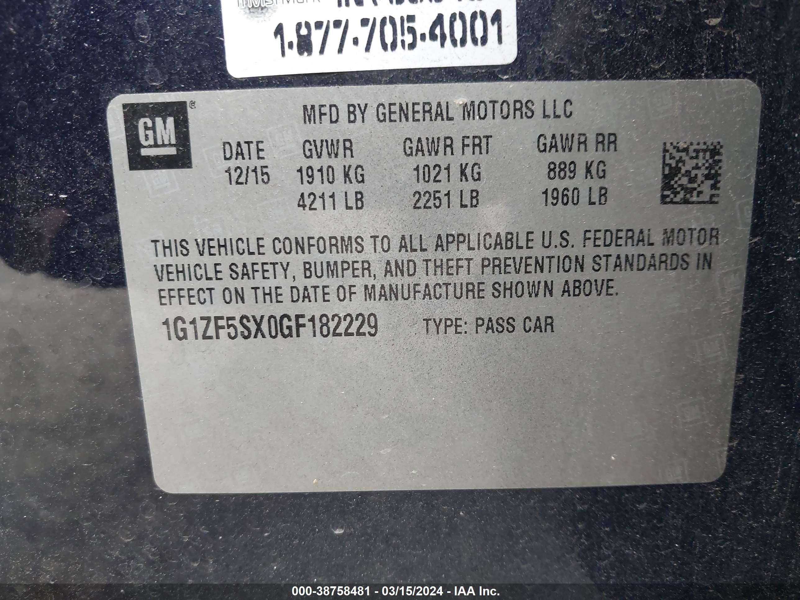 Photo 8 VIN: 1G1ZF5SX0GF182229 - CHEVROLET MALIBU 