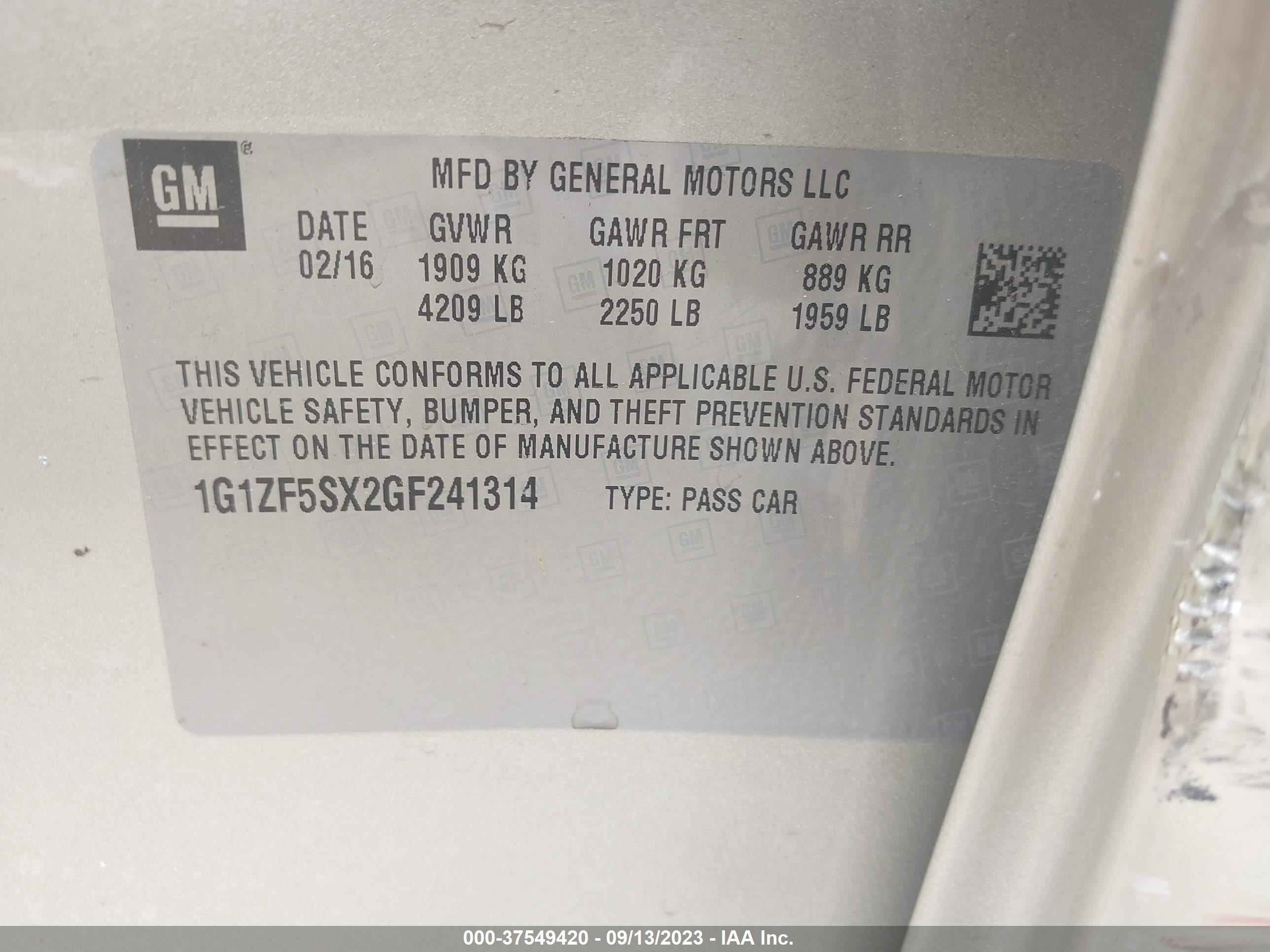 Photo 8 VIN: 1G1ZF5SX2GF241314 - CHEVROLET MALIBU 