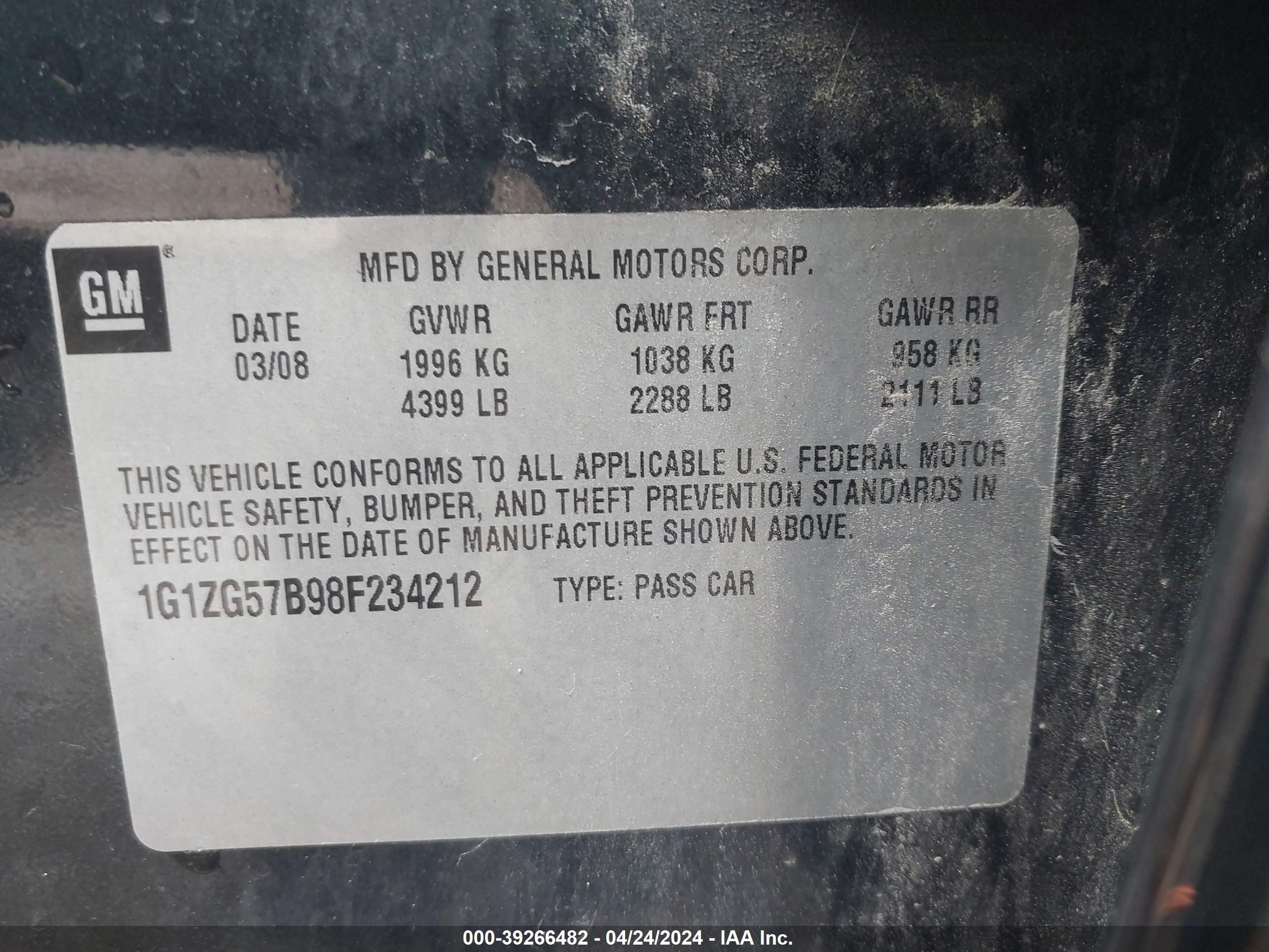 Photo 8 VIN: 1G1ZG57B98F234212 - CHEVROLET MALIBU 