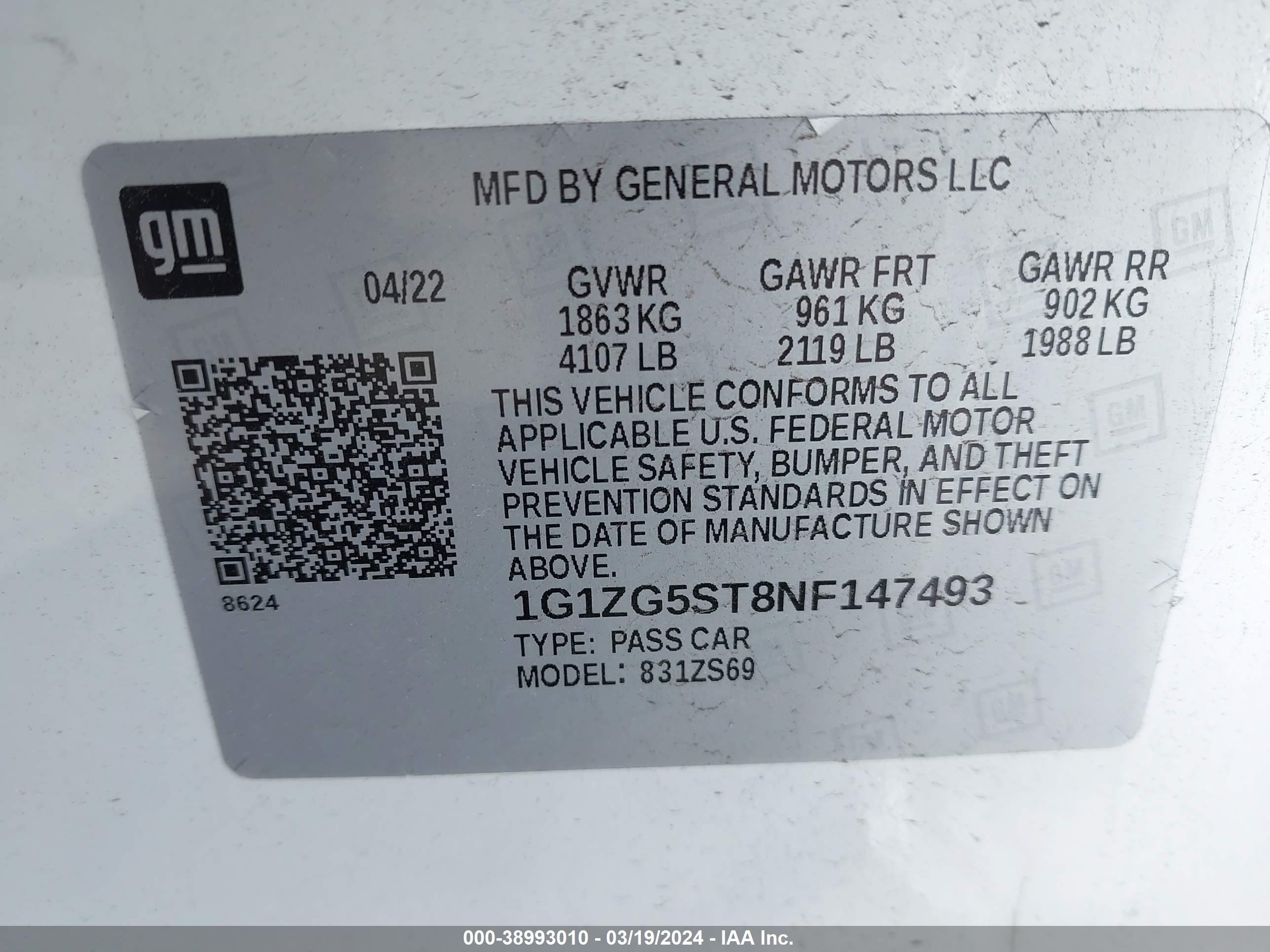 Photo 8 VIN: 1G1ZG5ST8NF147493 - CHEVROLET MALIBU 