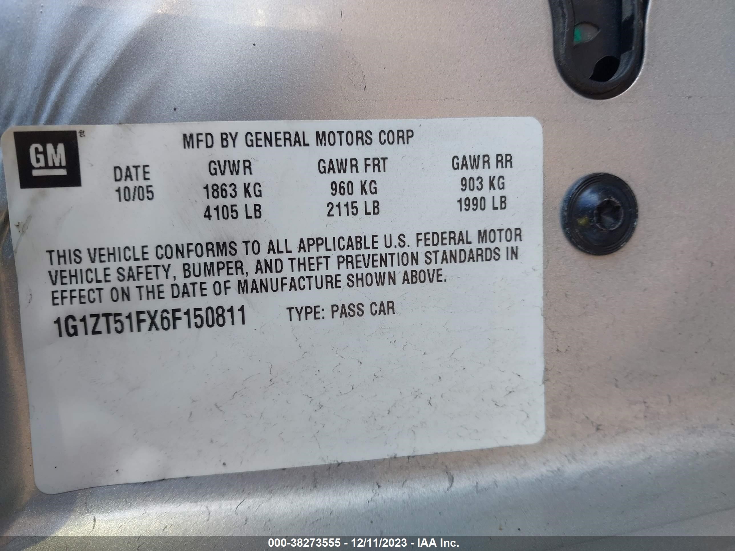 Photo 8 VIN: 1G1ZT51FX6F150811 - CHEVROLET MALIBU 