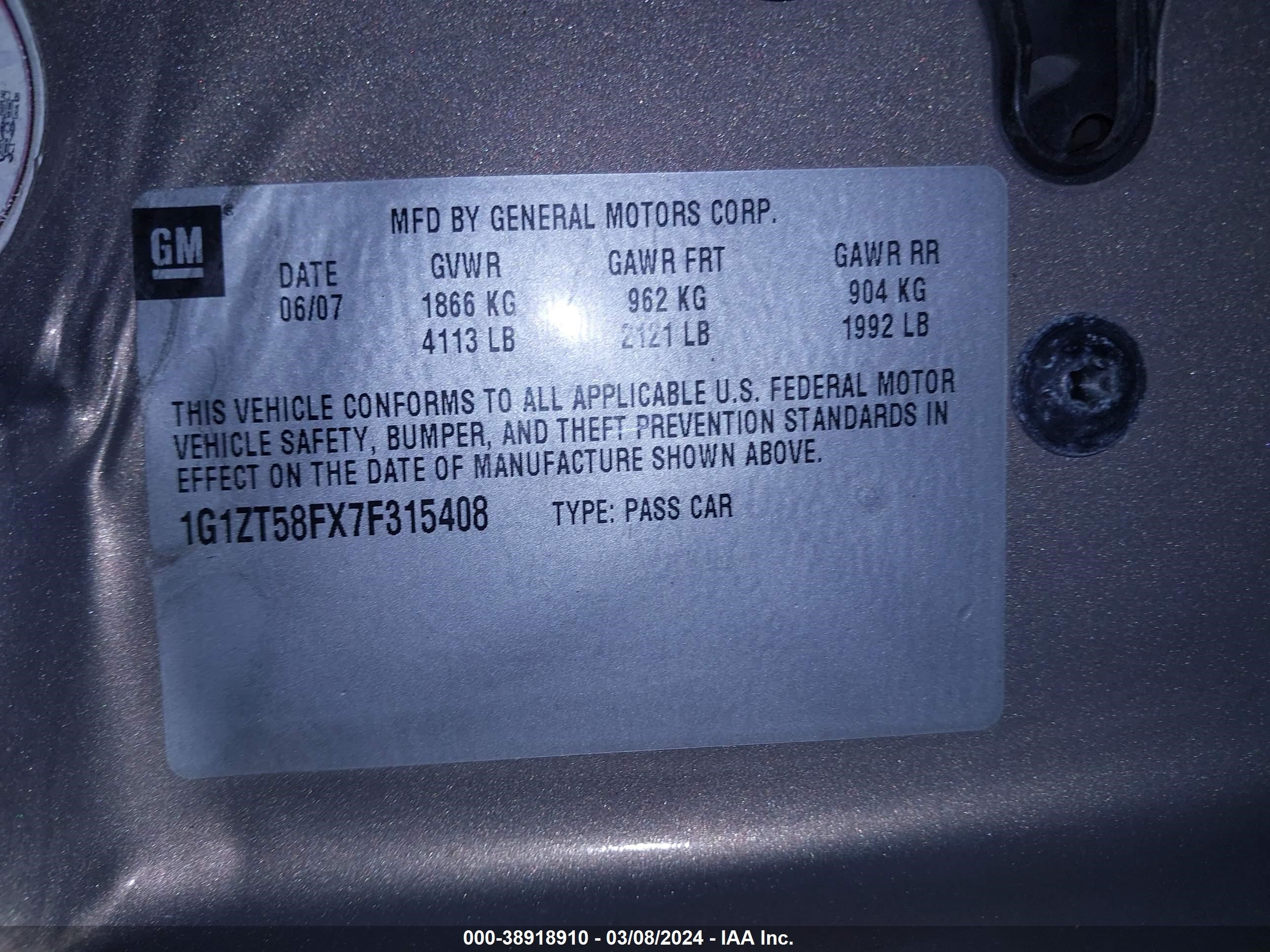 Photo 8 VIN: 1G1ZT58FX7F315408 - CHEVROLET MALIBU 