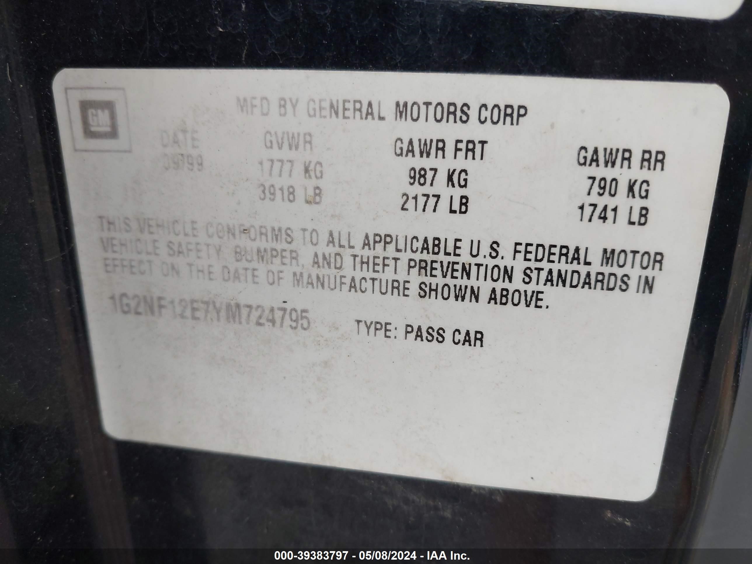 Photo 8 VIN: 1G2NF12E7YM724795 - PONTIAC GRAND AM 