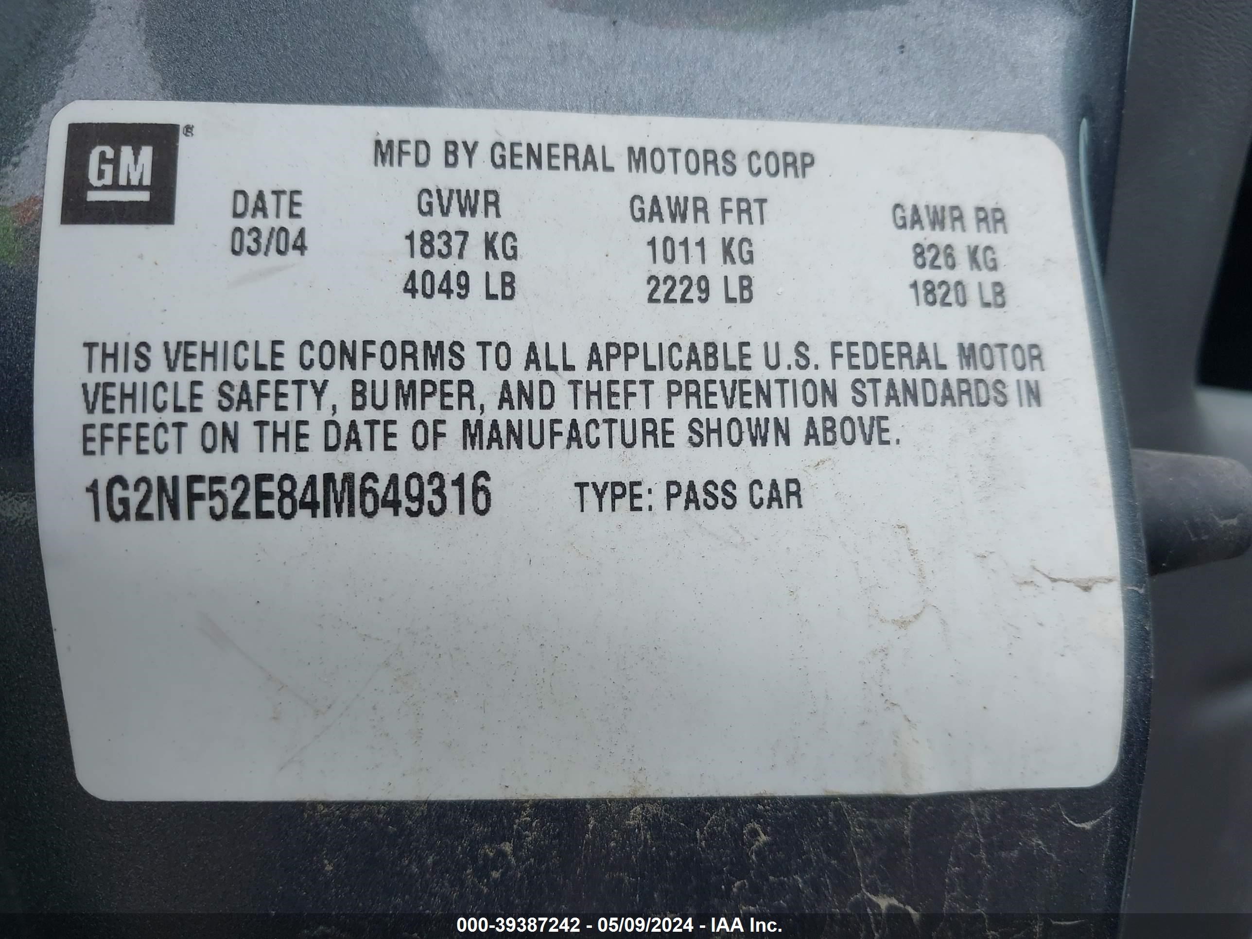 Photo 8 VIN: 1G2NF52E84M649316 - PONTIAC GRAND AM 