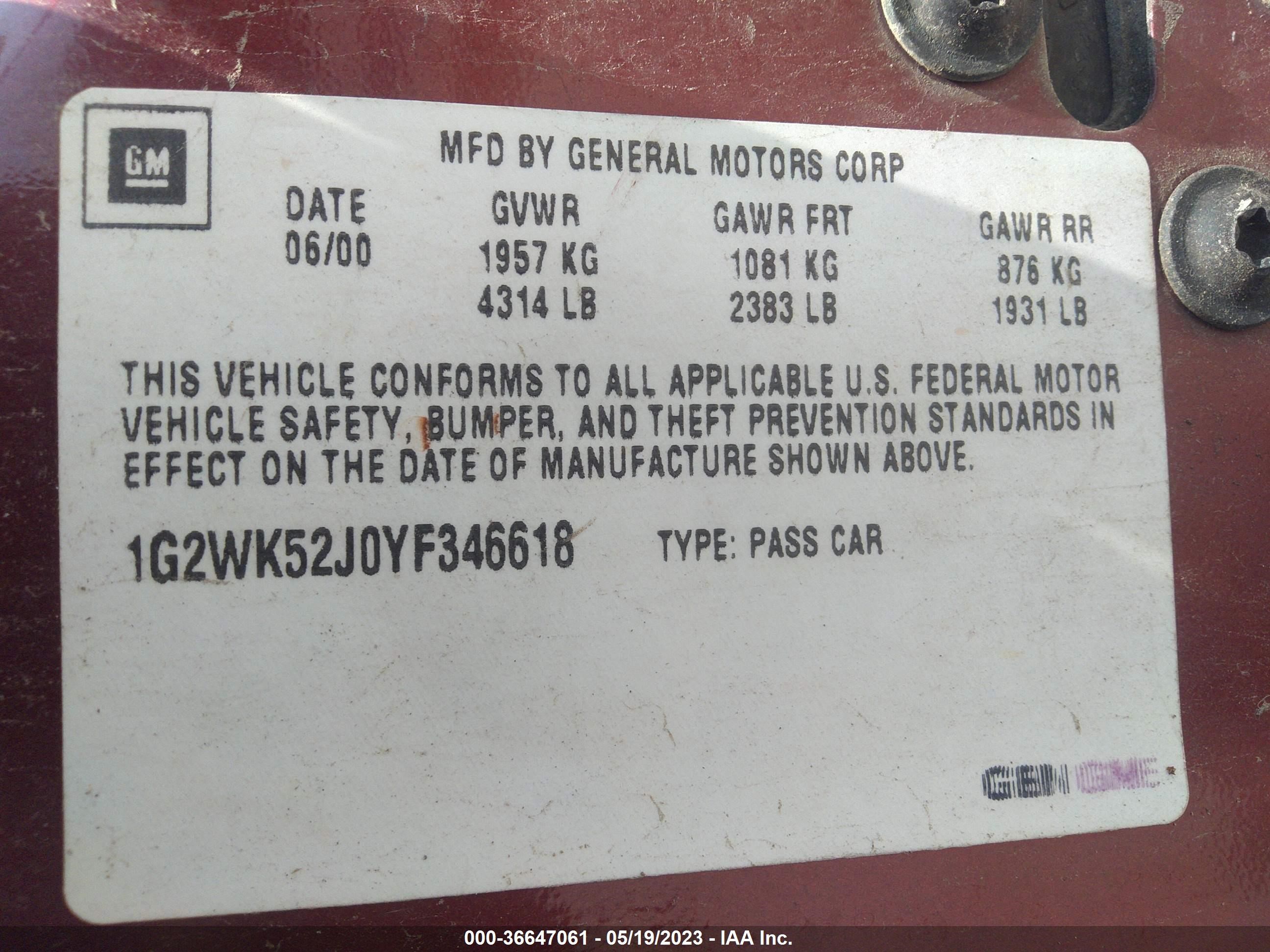 Photo 8 VIN: 1G2WK52J0YF346618 - PONTIAC GRAND PRIX 