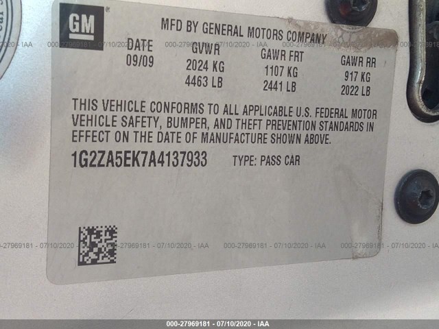 Photo 8 VIN: 1G2ZA5EK7A4137933 - PONTIAC G6 