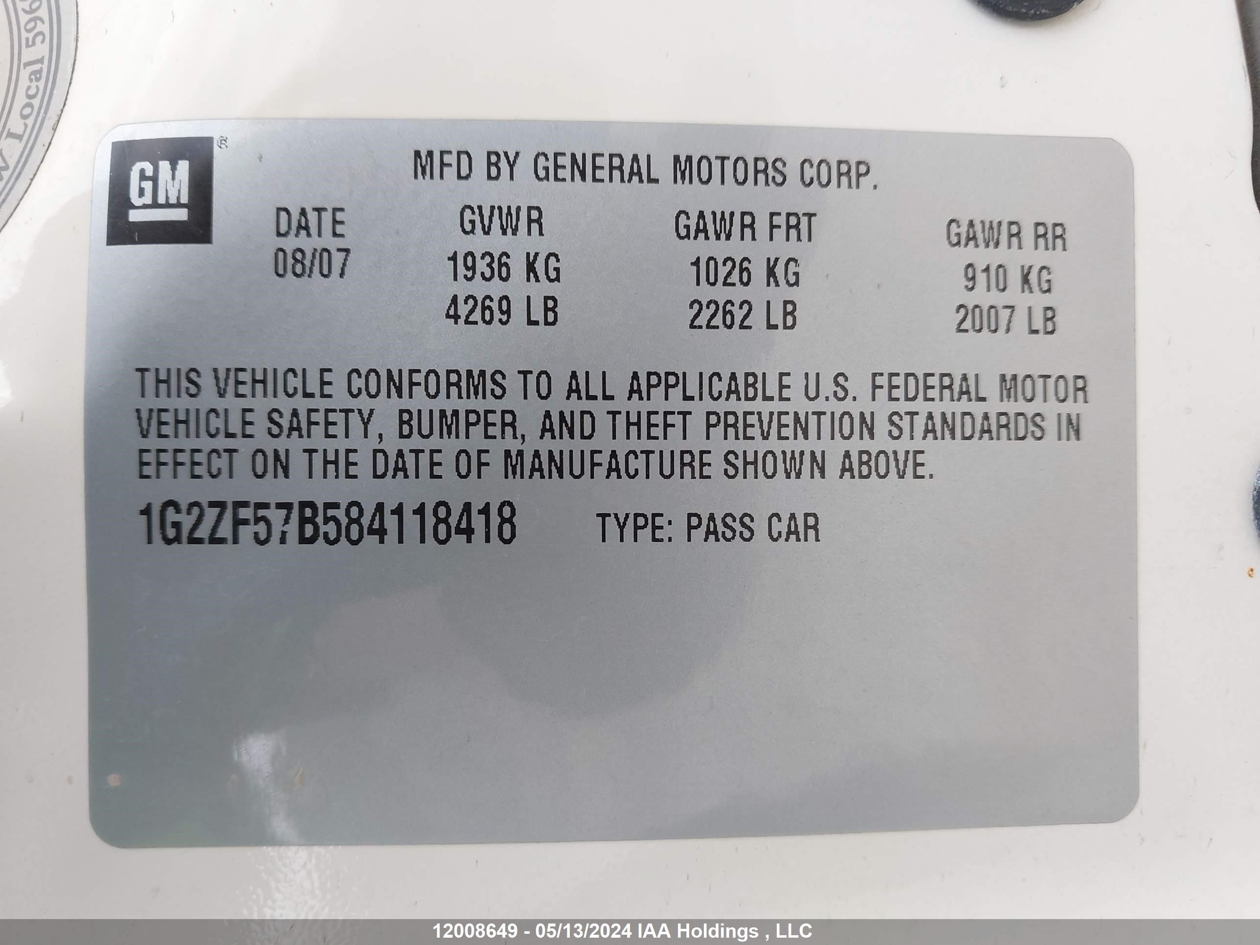 Photo 8 VIN: 1G2ZF57B584118418 - PONTIAC G6 