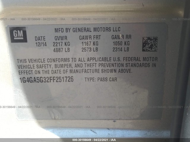 Photo 8 VIN: 1G4GA5G32FF251726 - BUICK LACROSSE 