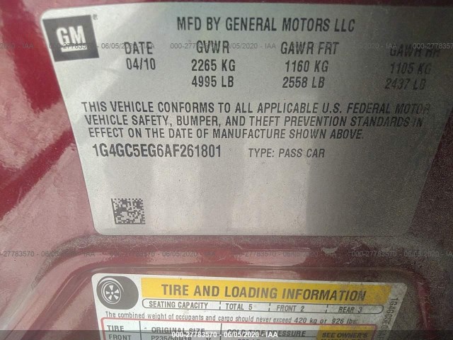 Photo 8 VIN: 1G4GC5EG6AF261801 - BUICK LACROSSE 