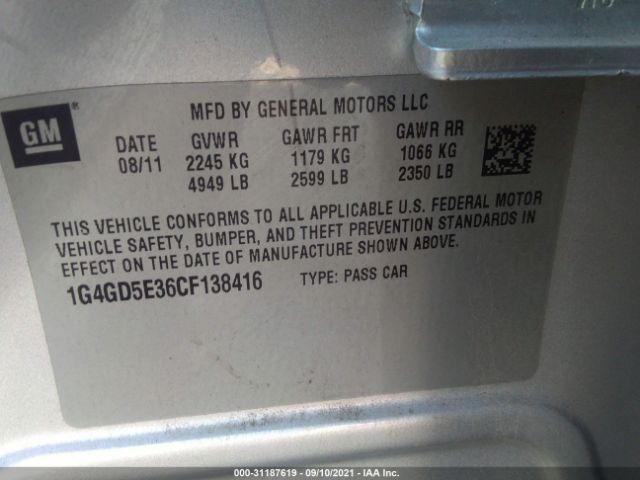 Photo 8 VIN: 1G4GD5E36CF138416 - BUICK LACROSSE 