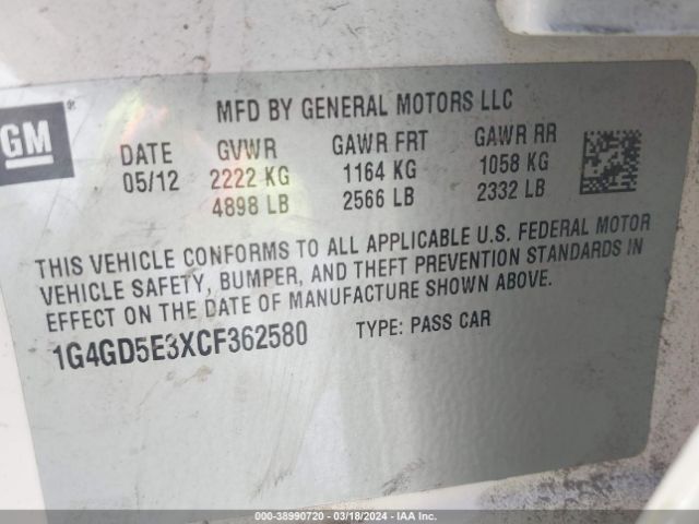 Photo 8 VIN: 1G4GD5E3XCF362580 - BUICK LACROSSE 