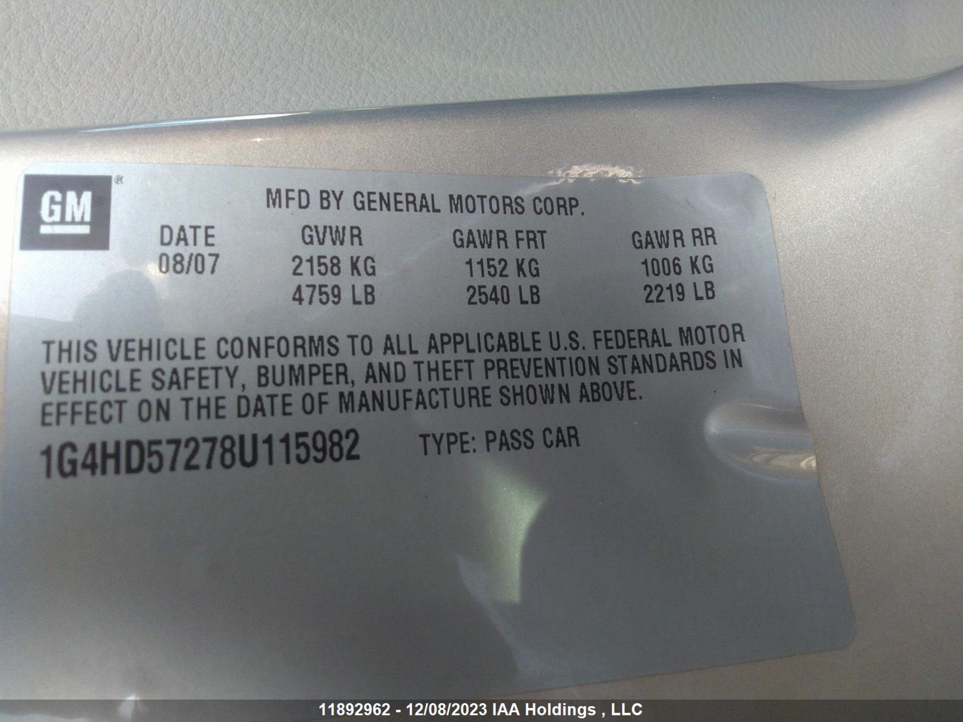 Photo 8 VIN: 1G4HD57278U115982 - BUICK LUCERNE 