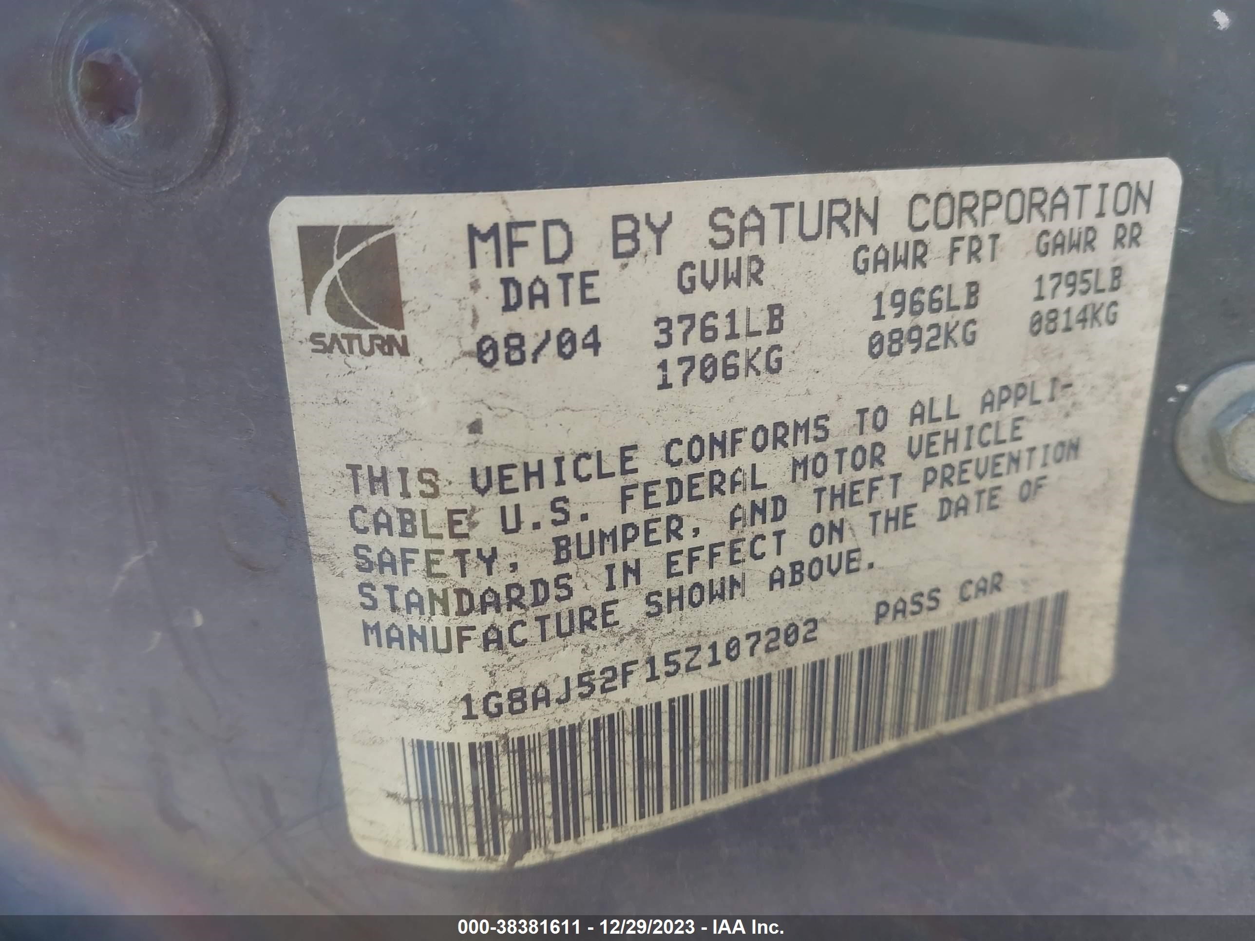 Photo 9 VIN: 1G8AJ52F15Z107202 - SATURN ION 