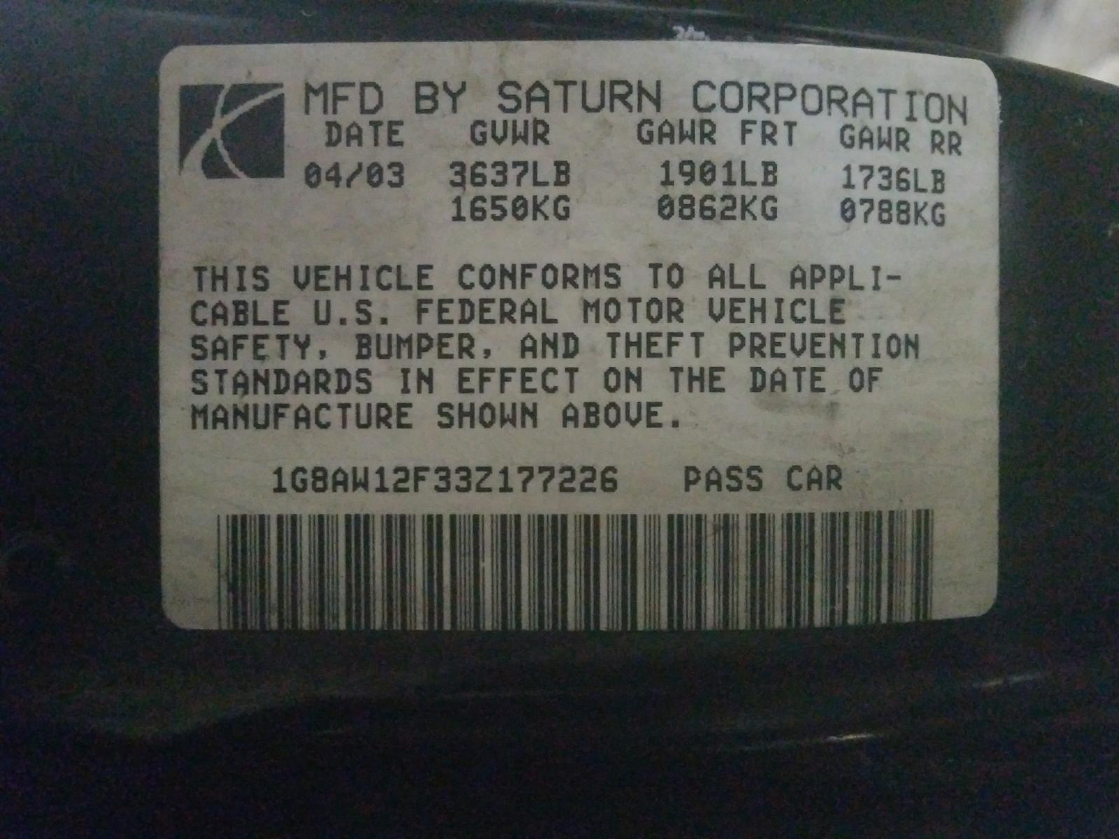 Photo 9 VIN: 1G8AW12F33Z177226 - SATURN ION LEVEL 