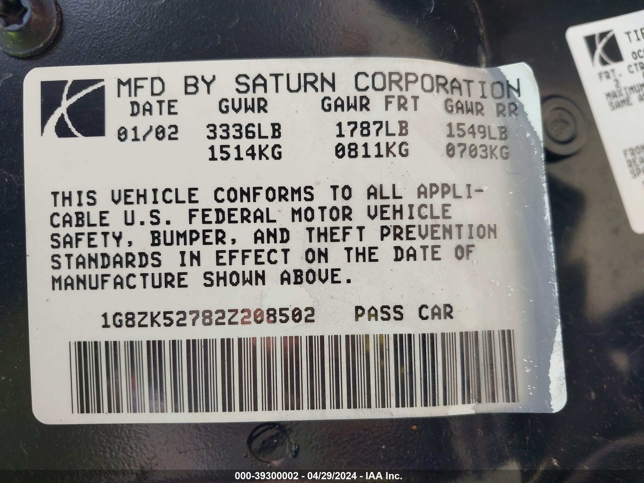 Photo 8 VIN: 1G8ZK52782Z208502 - SATURN SL 