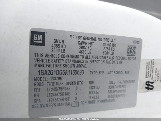 Photo 8 VIN: 1GA2G1DG5A1165693 - CHEVROLET EXPRESS 3500 