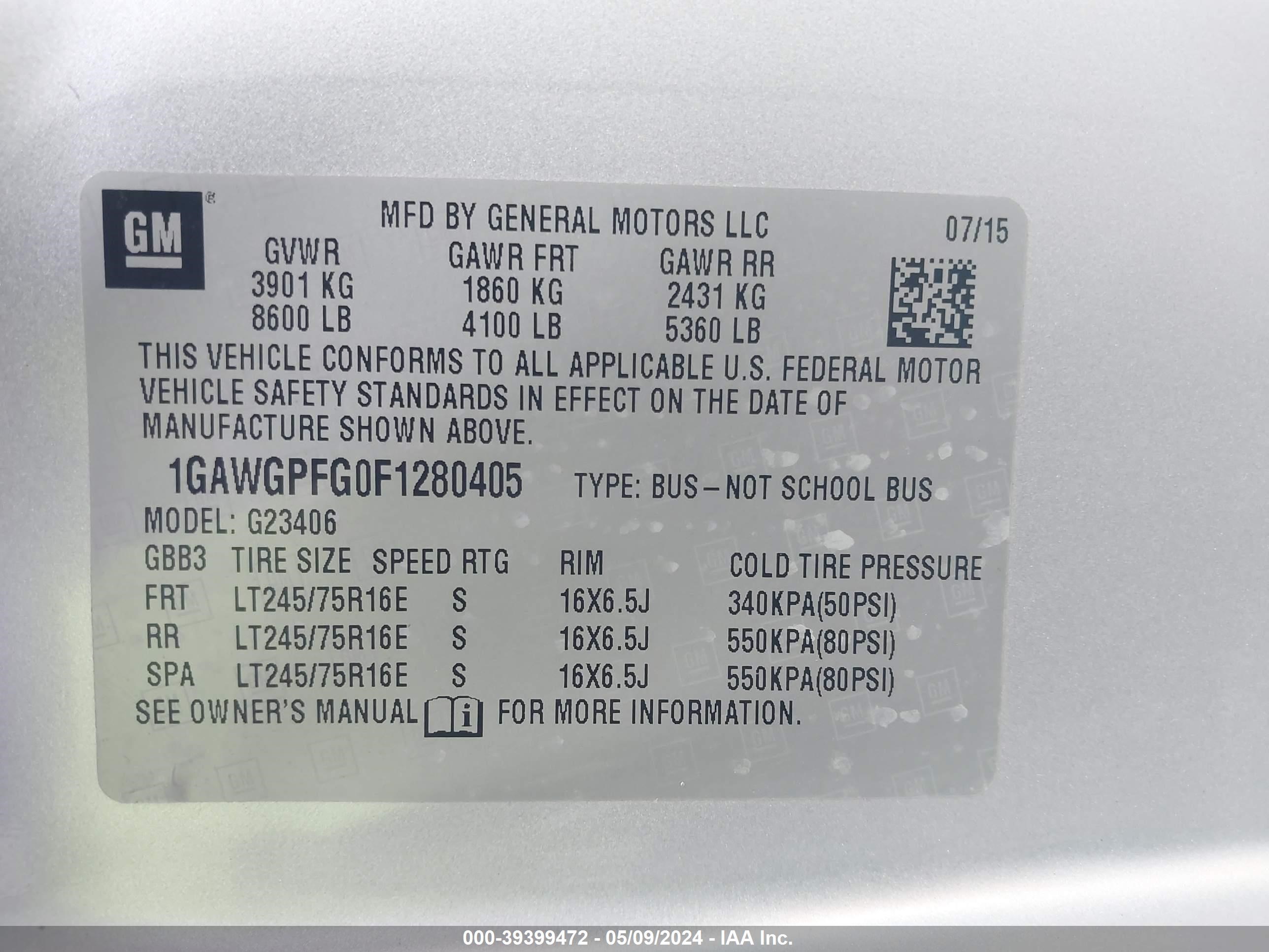 Photo 4 VIN: 1GAWGPFG0F1280405 - CHEVROLET EXPRESS 