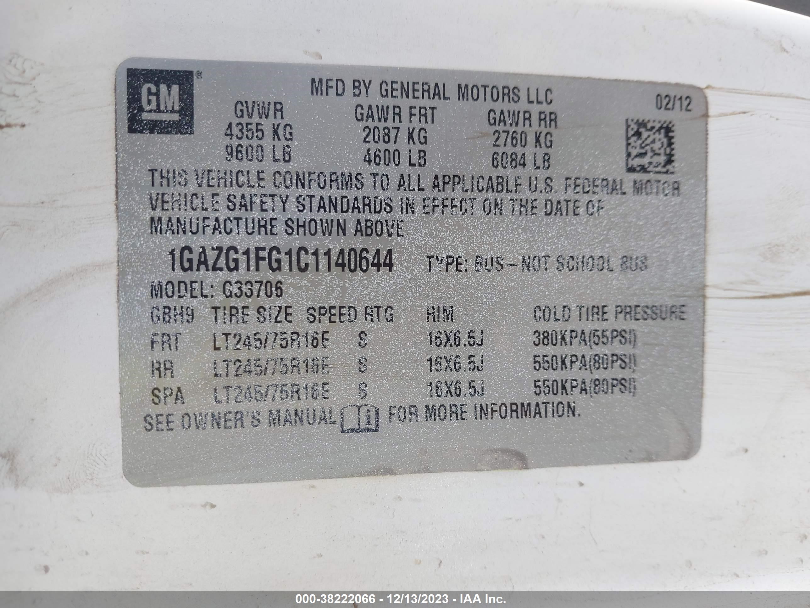 Photo 8 VIN: 1GAZG1FG1C1140644 - CHEVROLET EXPRESS 