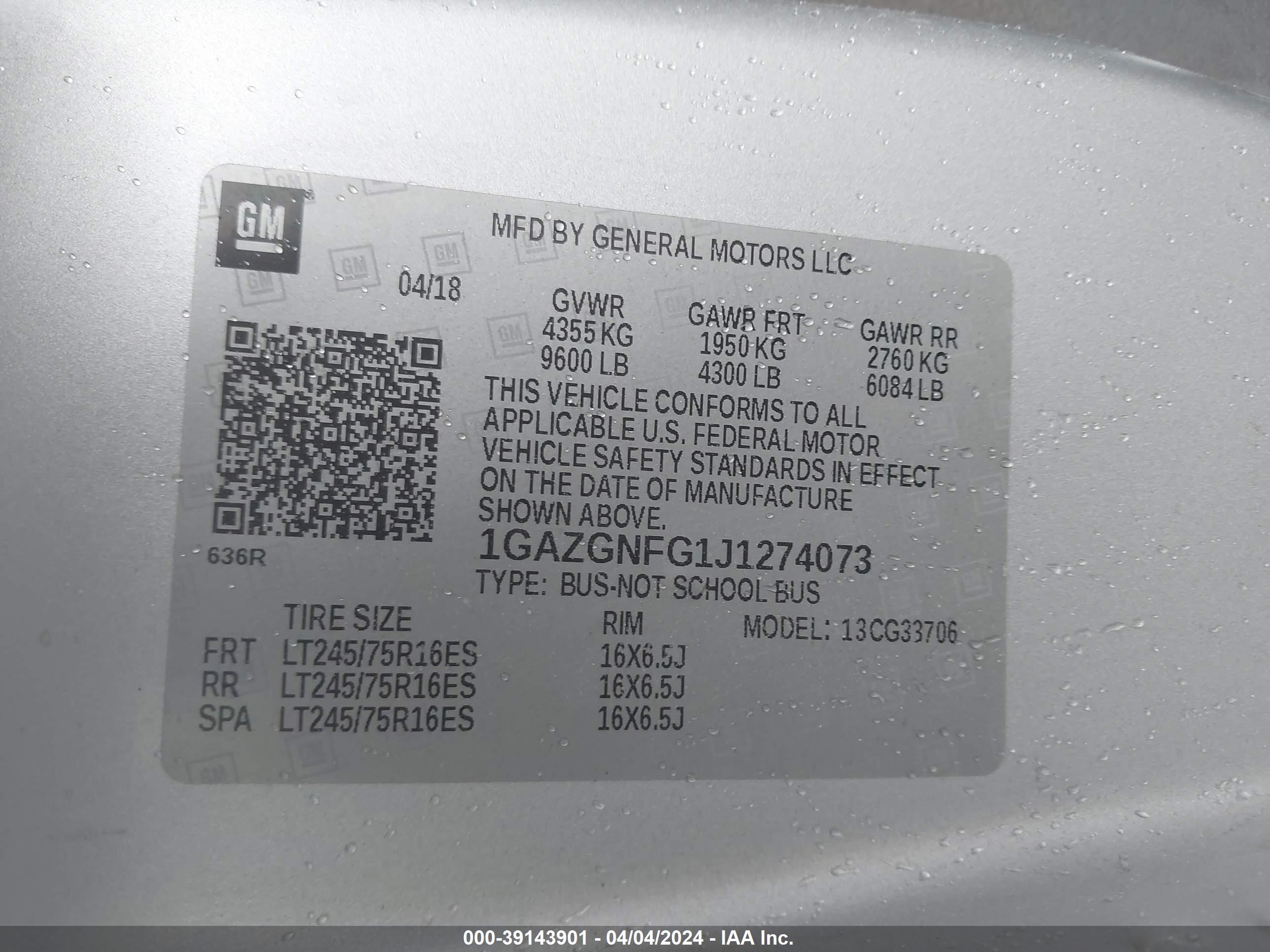 Photo 4 VIN: 1GAZGNFG1J1274073 - CHEVROLET NULL 