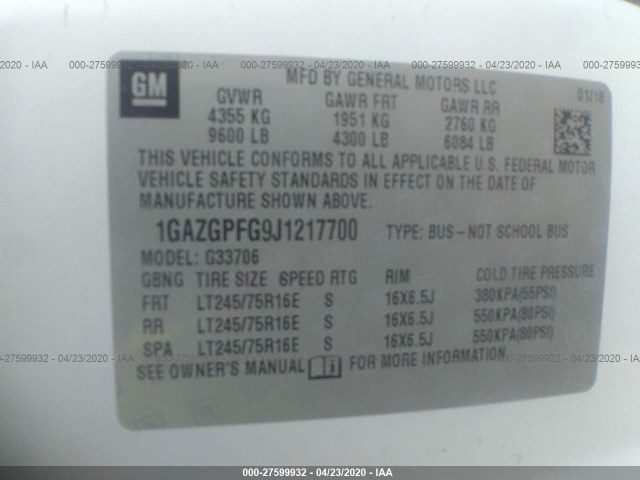 Photo 8 VIN: 1GAZGPFG9J1217700 - CHEVROLET EXPRESS PASSENGER 