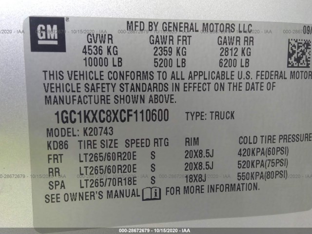 Photo 8 VIN: 1GC1KXC8XCF110600 - CHEVROLET SILVERADO 2500HD 