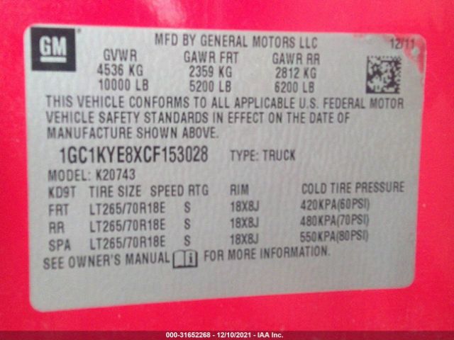 Photo 8 VIN: 1GC1KYE8XCF153028 - CHEVROLET SILVERADO 2500HD 