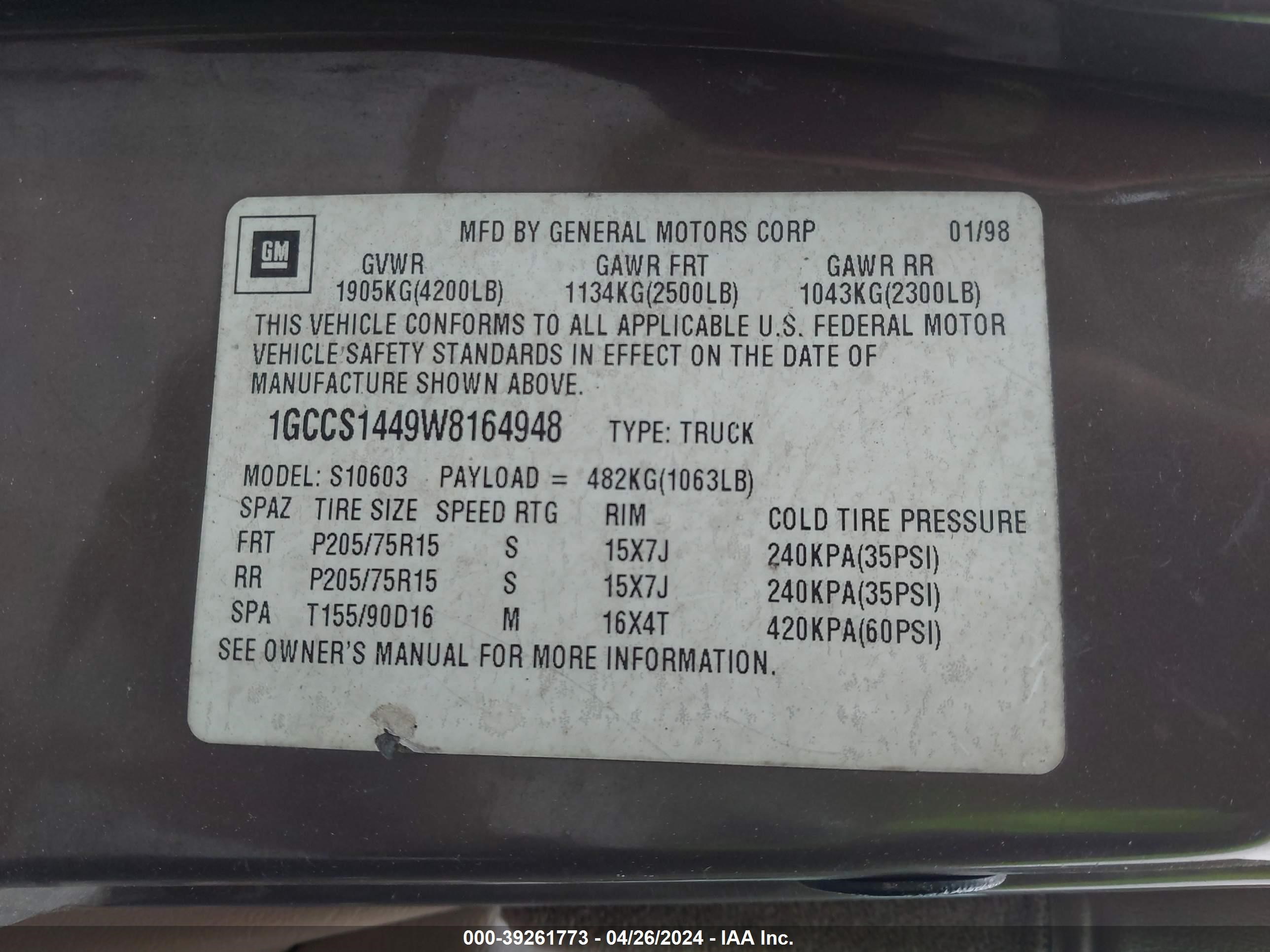 Photo 8 VIN: 1GCCS1449W8164948 - CHEVROLET S-10 PICKUP 