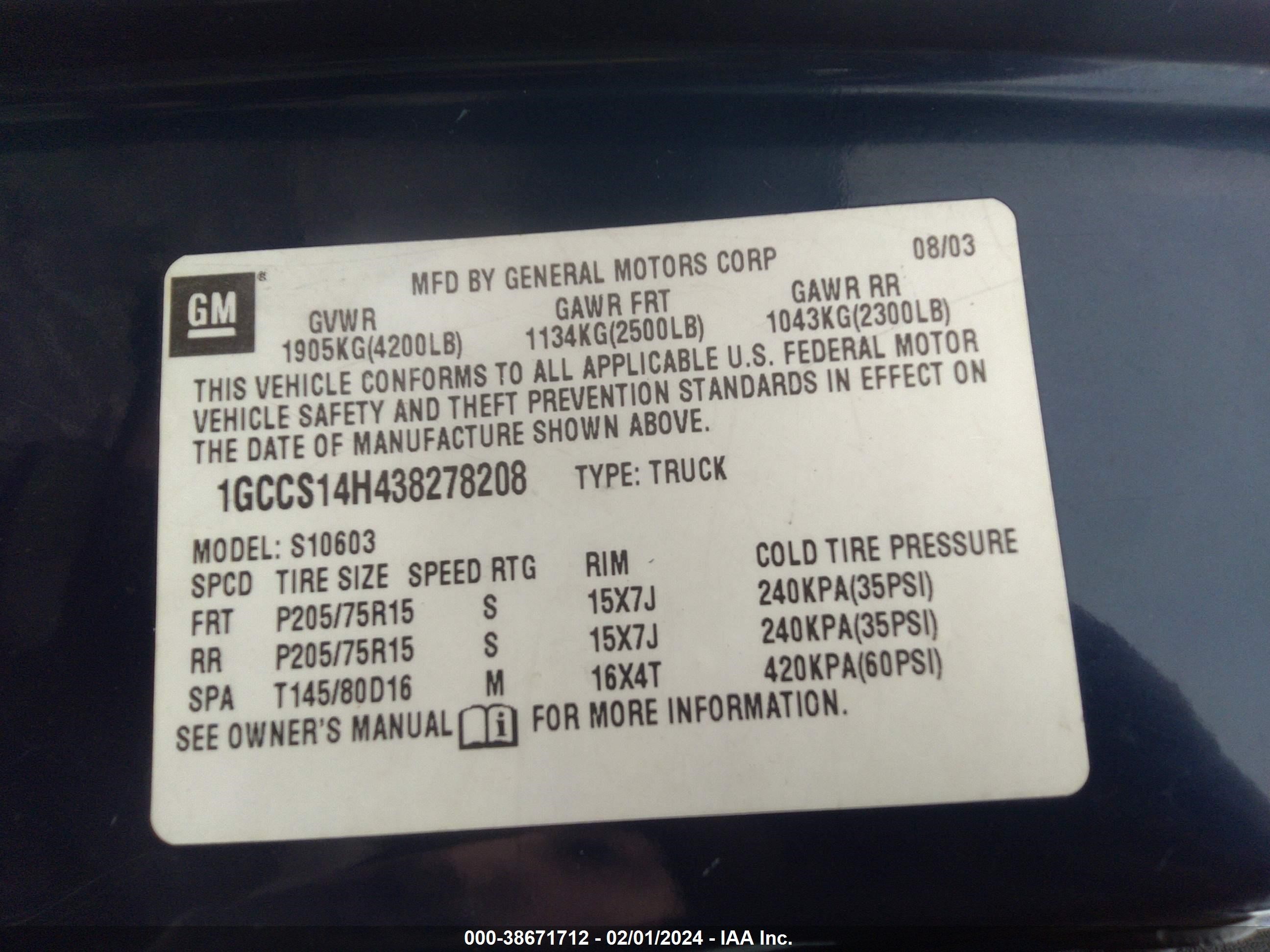 Photo 8 VIN: 1GCCS14H438278208 - CHEVROLET S-10 PICKUP 