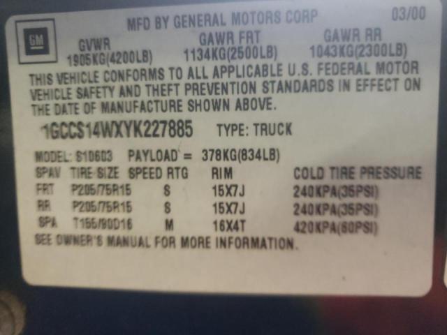 Photo 9 VIN: 1GCCS14WXYK227885 - CHEVROLET S TRUCK S1 