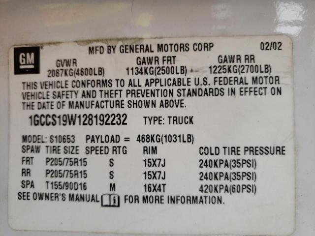 Photo 9 VIN: 1GCCS19W128192232 - CHEVROLET S TRUCK S1 