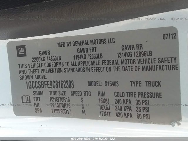 Photo 8 VIN: 1GCCSBFE9C8162303 - CHEVROLET COLORADO 