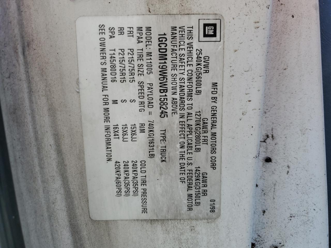 Photo 12 VIN: 1GCDM19W6WB158245 - CHEVROLET ASTRO 