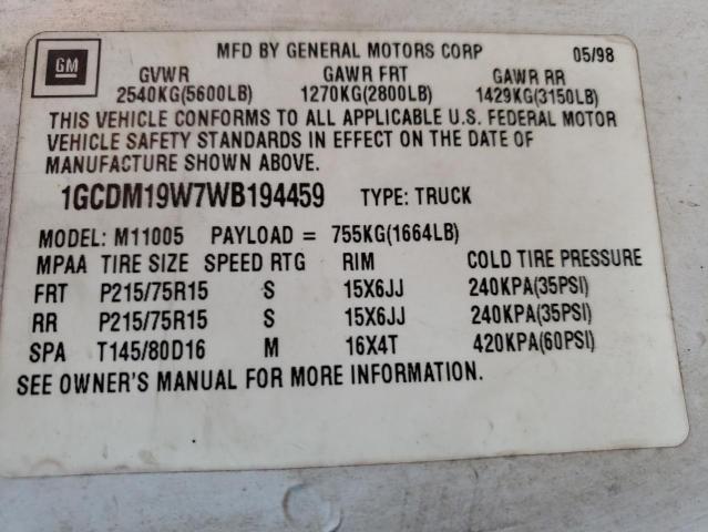 Photo 13 VIN: 1GCDM19W7WB194459 - CHEVROLET ASTRO 