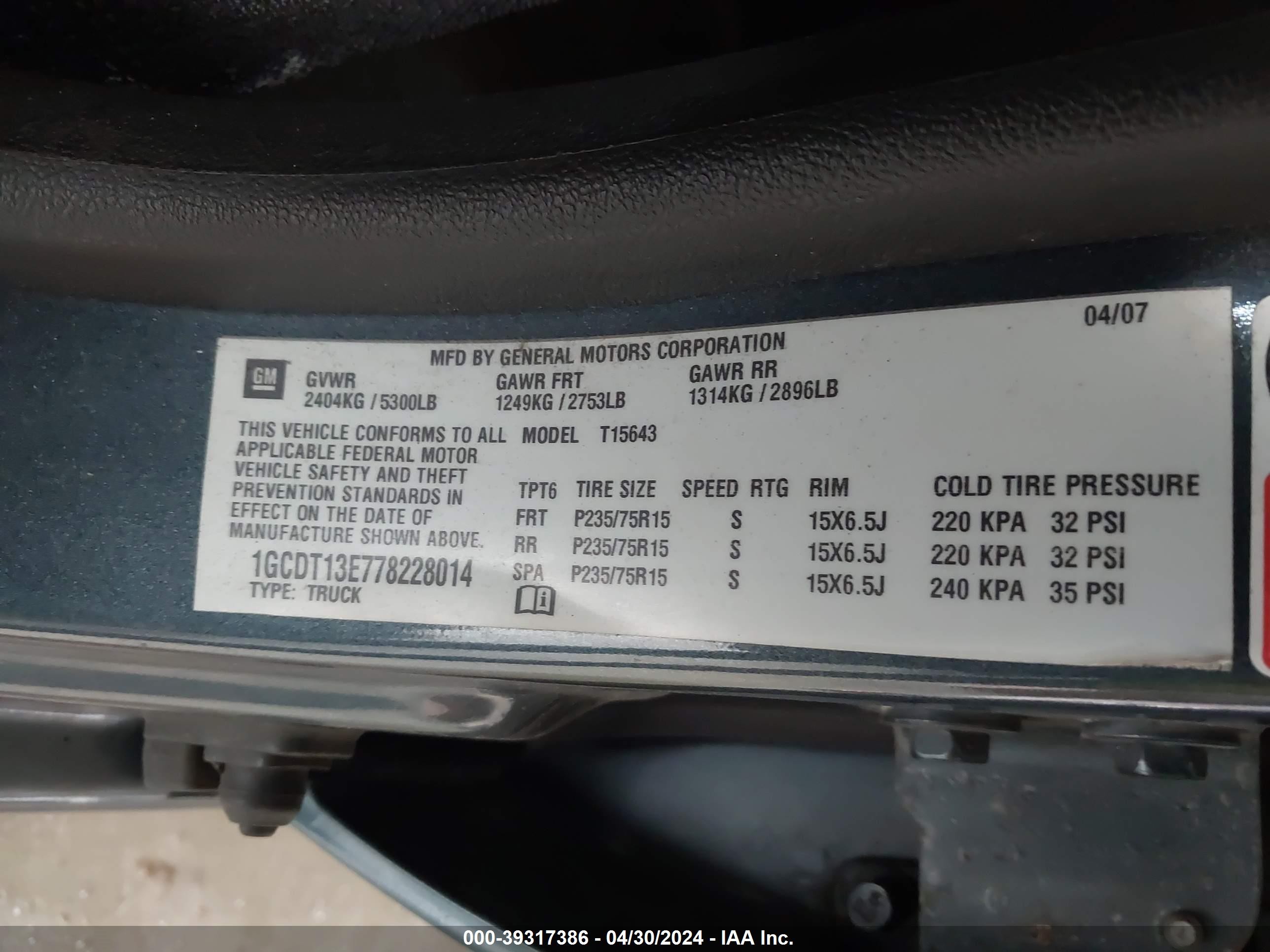 Photo 8 VIN: 1GCDT13E778228014 - CHEVROLET COLORADO 