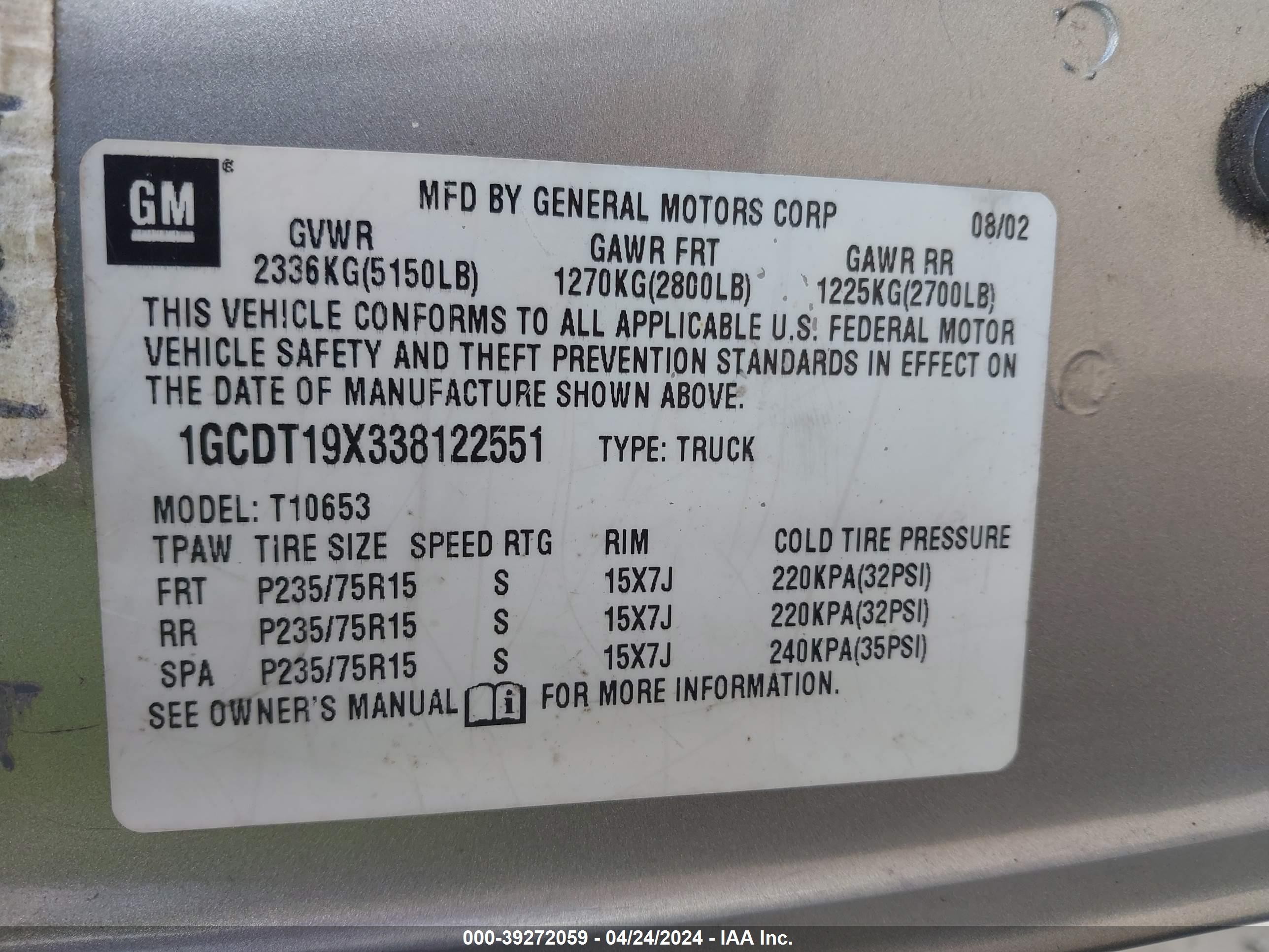 Photo 8 VIN: 1GCDT19X338122551 - CHEVROLET S-10 PICKUP 