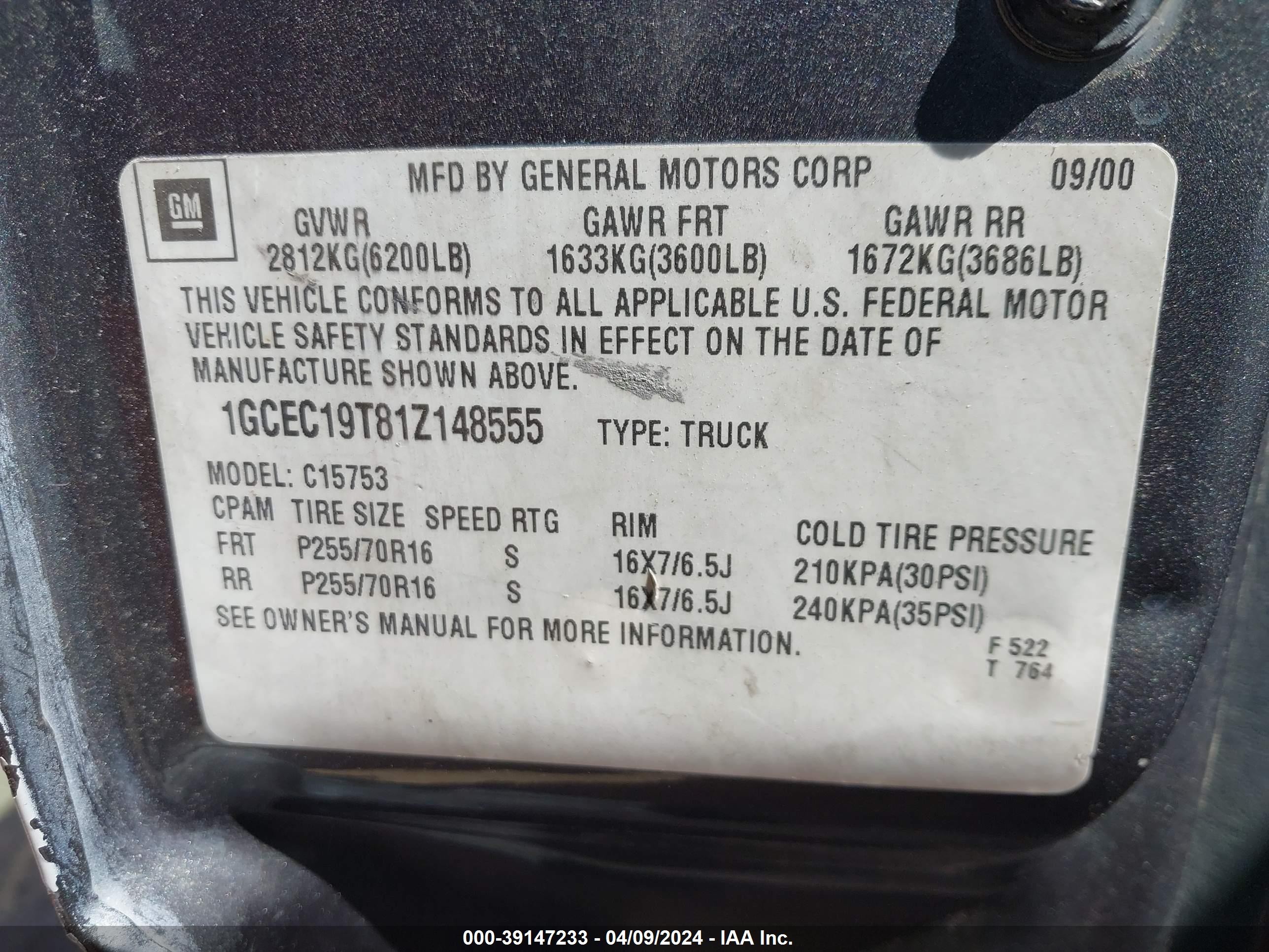 Photo 8 VIN: 1GCEC19T81Z148555 - CHEVROLET SILVERADO 