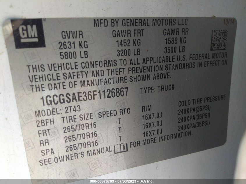 Photo 8 VIN: 1GCGSAE36F1126867 - CHEVROLET COLORADO 