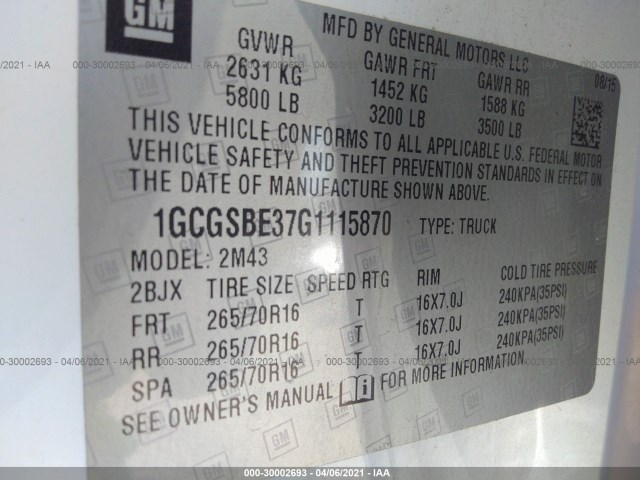 Photo 8 VIN: 1GCGSBE37G1115870 - CHEVROLET COLORADO 