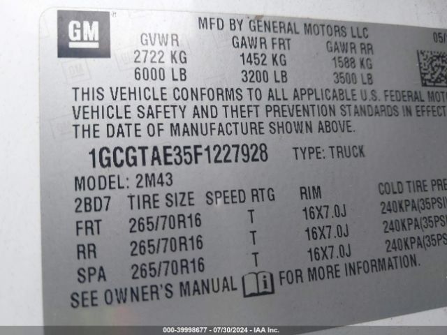 Photo 8 VIN: 1GCGTAE35F1227928 - CHEVROLET COLORADO 