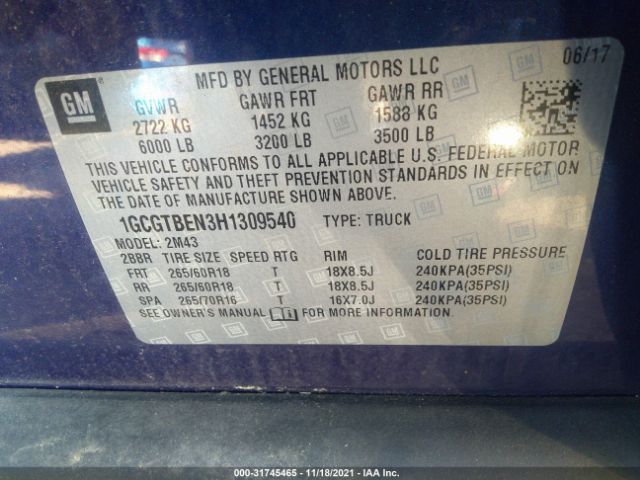 Photo 8 VIN: 1GCGTBEN3H1309540 - CHEVROLET COLORADO 