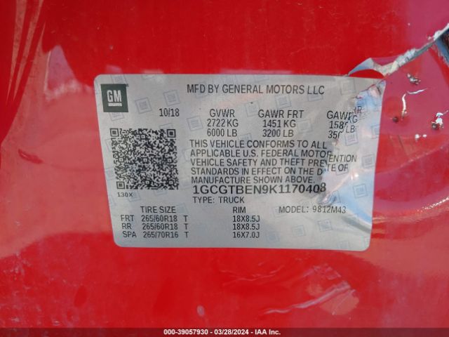 Photo 8 VIN: 1GCGTBEN9K1170408 - CHEVROLET COLORADO 