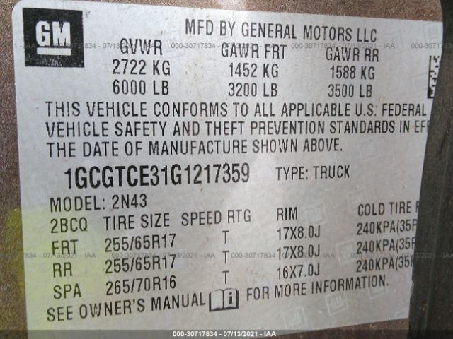 Photo 8 VIN: 1GCGTCE31G1217359 - CHEVROLET COLORADO 