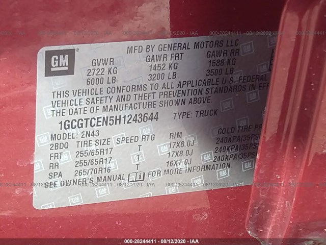 Photo 8 VIN: 1GCGTCEN5H1243644 - CHEVROLET COLORADO 