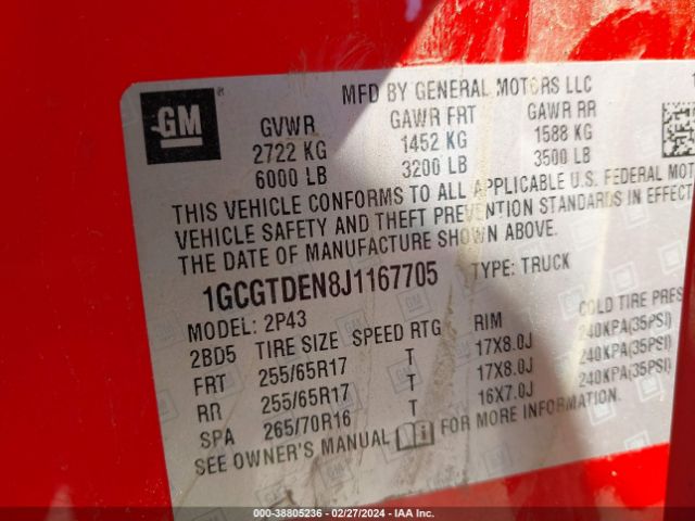 Photo 8 VIN: 1GCGTDEN8J1167705 - CHEVROLET COLORADO 