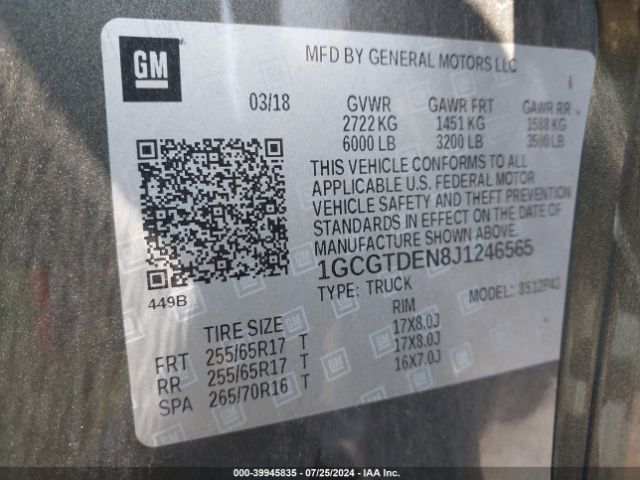 Photo 8 VIN: 1GCGTDEN8J1246565 - CHEVROLET COLORADO 