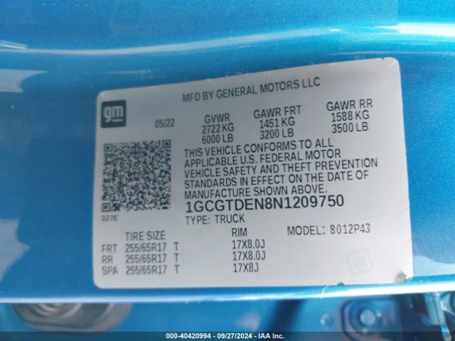 Photo 8 VIN: 1GCGTDEN8N1209750 - CHEVROLET COLORADO 