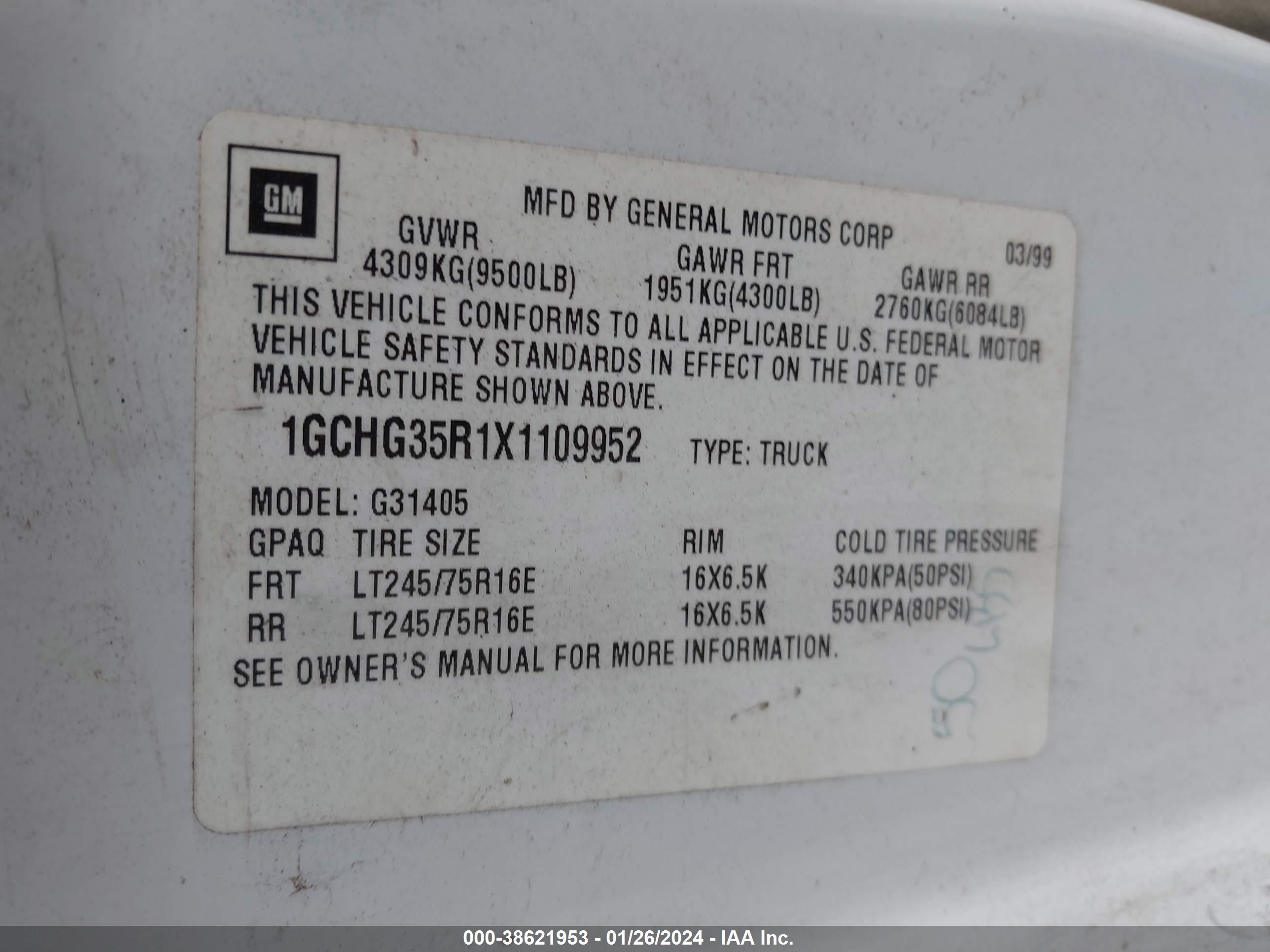 Photo 8 VIN: 1GCHG35R1X1109952 - CHEVROLET EXPRESS 