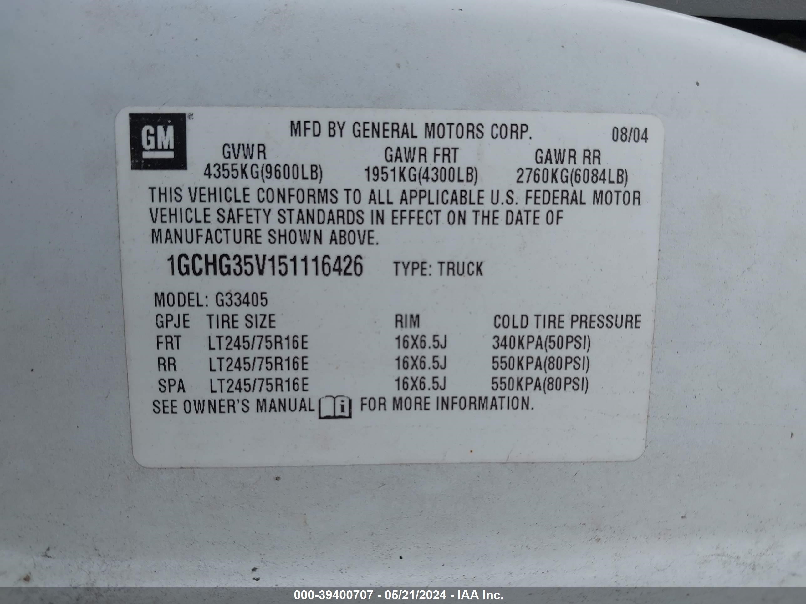 Photo 8 VIN: 1GCHG35V151116426 - CHEVROLET EXPRESS 