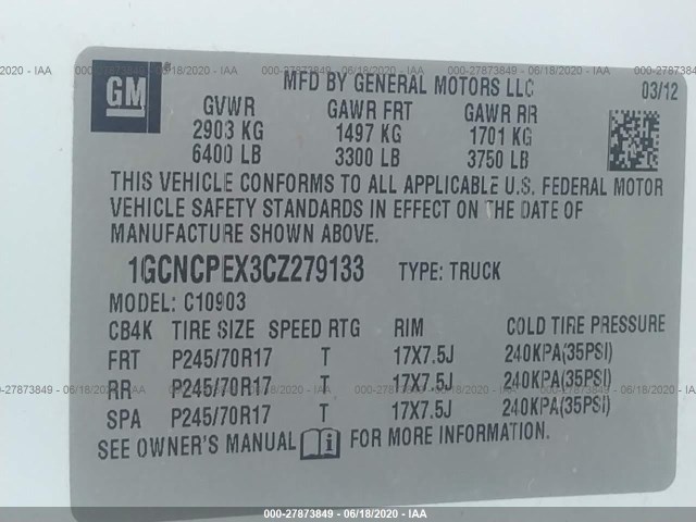 Photo 8 VIN: 1GCNCPEX3CZ279133 - CHEVROLET SILVERADO 1500 