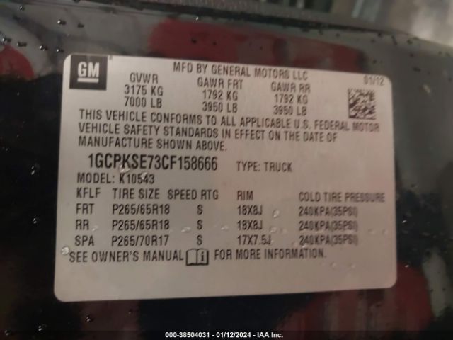 Photo 8 VIN: 1GCPKSE73CF158666 - CHEVROLET SILVERADO 1500 